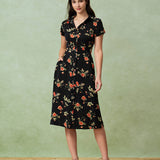 Glória - Schwarzes Blumen-Midi-Kleid