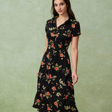 Glória - Schwarzes Blumen-Midi-Kleid
