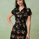 Glória - Schwarzes Blumen-Midi-Kleid