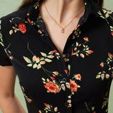 Glória - Schwarzes Blumen-Midi-Kleid