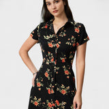 Glória - Schwarzes Blumen-Midi-Kleid