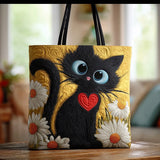 Cartera Artesanal - Gato Negro con Margaritas
