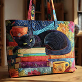 Cartera Artesanal - Gato Negro con Libros y Tazas