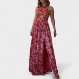 Blumenmuster - Langes Kleid mit Halterneck