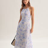 Clarice - Midi Kleid Blau Blumenmuster