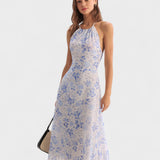 Clarice - Midi Kleid Blau Blumenmuster