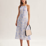 Clarice - Midi Kleid Blau Blumenmuster