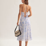 Clarice - Midi Kleid Blau Blumenmuster