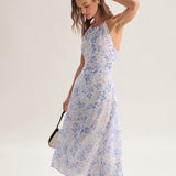 Clarice - Midi Kleid Blau Blumenmuster